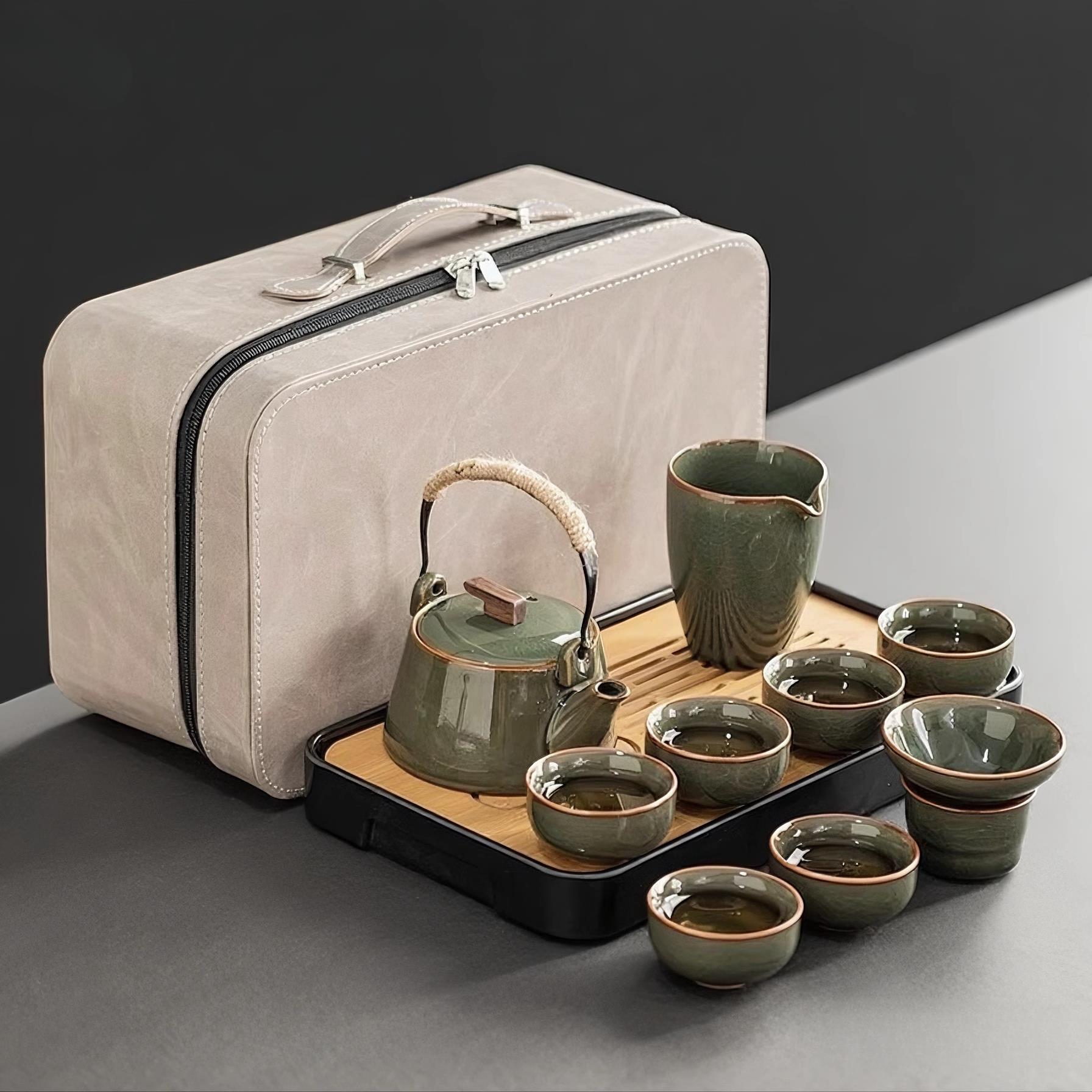 哥窑功夫茶具套装家用办公便携式旅行整套茶具商务泡茶提梁壶茶杯