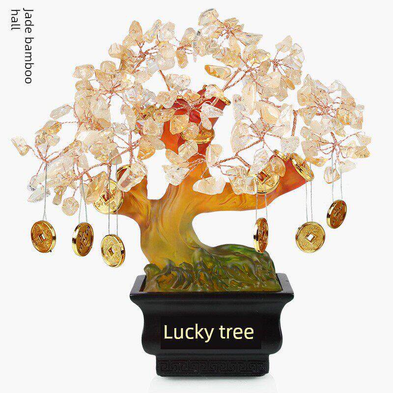 黄水晶发财摇钱树工艺品女生办公桌面装饰摆设风水招财酒柜小摆件