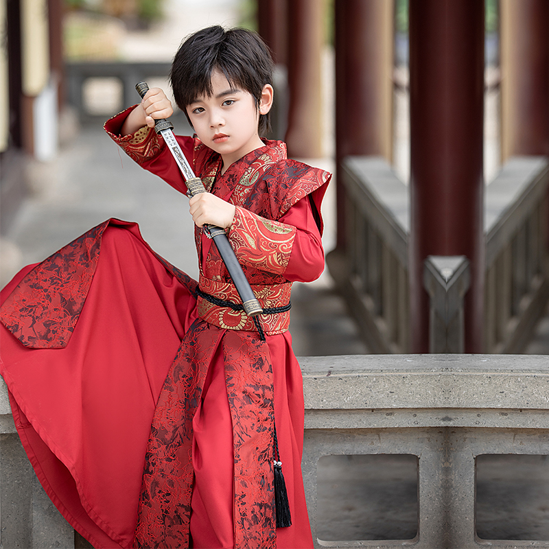 汉服男童2023秋新款男孩古装中国风帅气武侠客儿童唐装红色小王爷