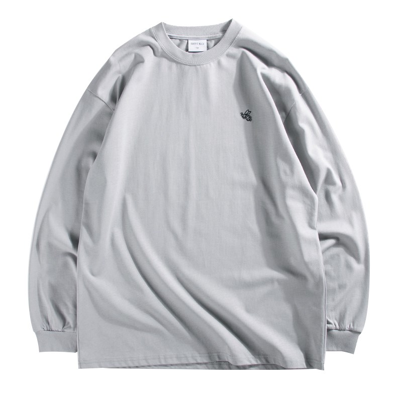 美式220g蜜蜂刺绣长袖T恤男士纯棉圆领春秋打底衫长绒棉纯白上衣T