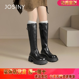 卓诗尼2025年冬季 英伦风高跟粗跟高筒靴女靴长筒靴复古骑士靴 新款