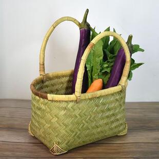竹编篮子手提家用买菜篮老式采摘大号手工椭圆形收纳购物篮手提篮