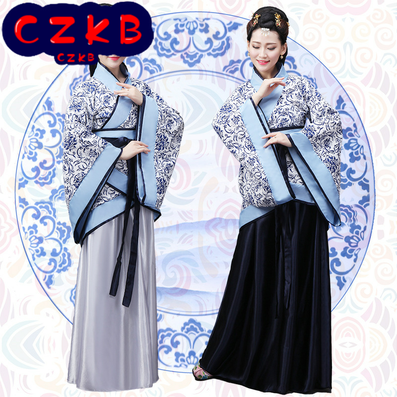 新款古装青花瓷汉服女装写真服饰曲裾改良襦裙仙女装公司年会表演