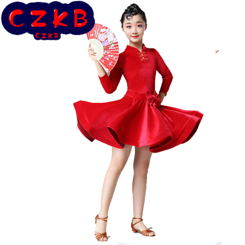 儿童拉丁舞裙秋冬季拉丁练功服长袖金丝绒女童拉丁舞蹈演出服加厚