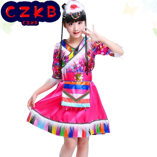藏族儿童表演衣服草原小女孩子毛边舞蹈中大童裙子儿童演出服春夏