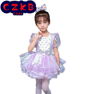 六一儿童节女孩表演服装白色公主裙亮片蓬蓬纱裙现代舞蹈演出裙子