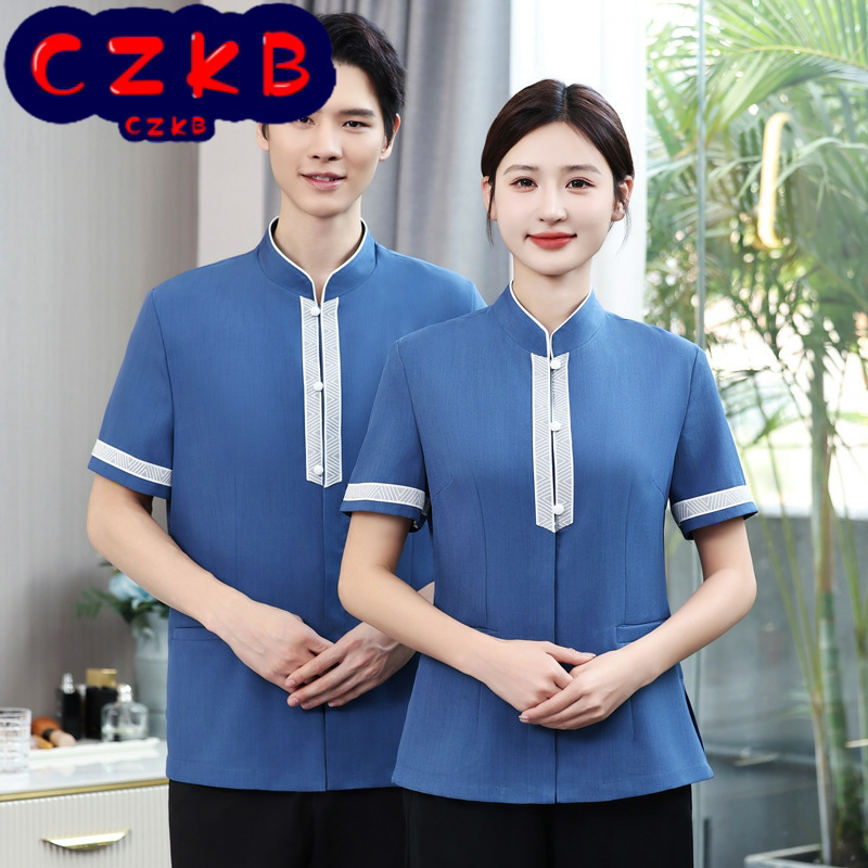 物业保洁服夏季短袖立领亚麻酒店宾馆清洁工作制服情侣款现货供应