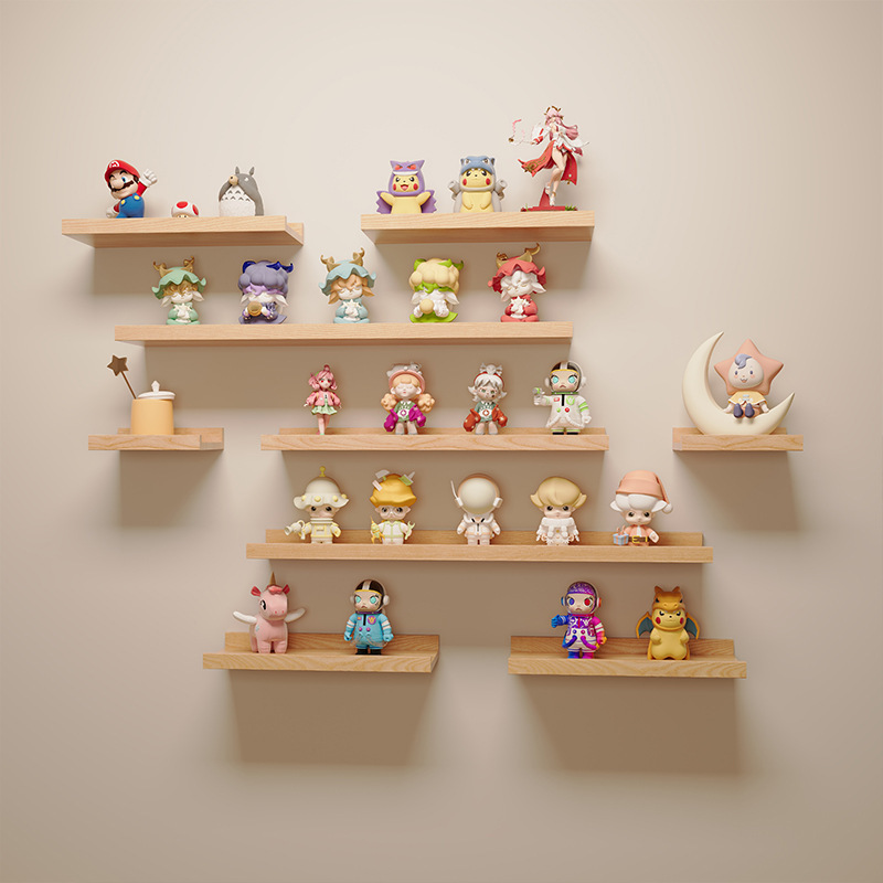 盲盒展示架收纳壁挂墙上实木一字板置物架泡泡玛特潮玩手办收纳架