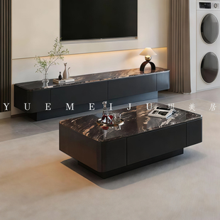 现代简约微晶石茶几电视柜小户型家用客厅轻奢长方形储物黑色地柜