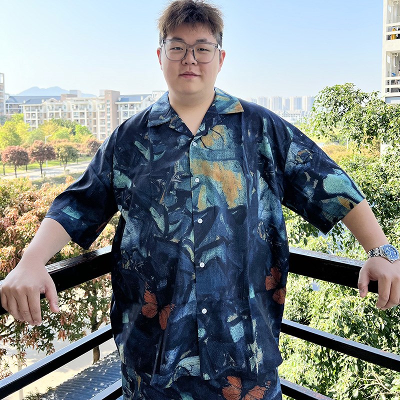 加肥加大古巴领油画印花短袖大码衬衣bf风慵懒宽松胖子文艺男衬衫
