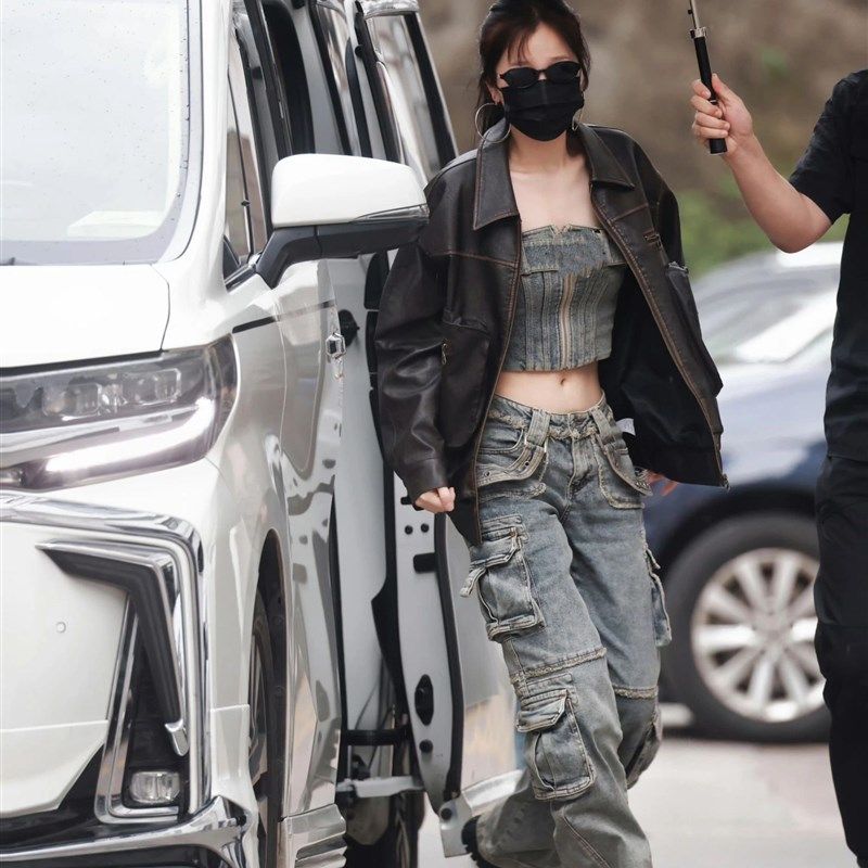 虞书欣同款皮衣宽松小众美式复古棕色做旧机车辣妹多口袋外套夹克