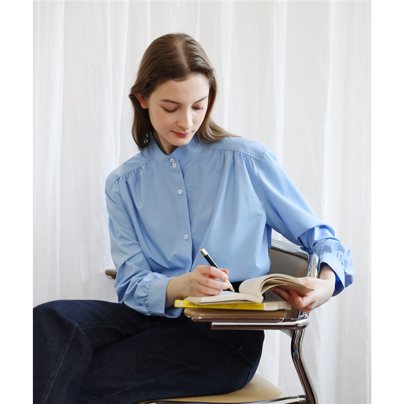 蓝色色织细条纹抗皱小立领设计感宽松衬衫女秋季新款通勤叠穿上衣