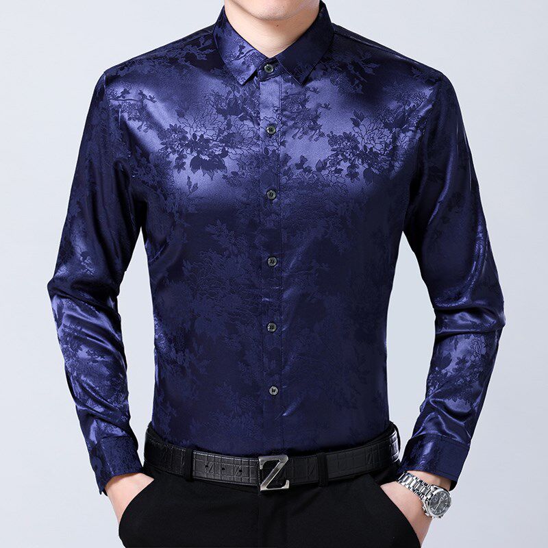 夏季桑蚕丝长袖衬衫中年男士印花宽松免烫真丝衬衣休闲爸爸装薄款