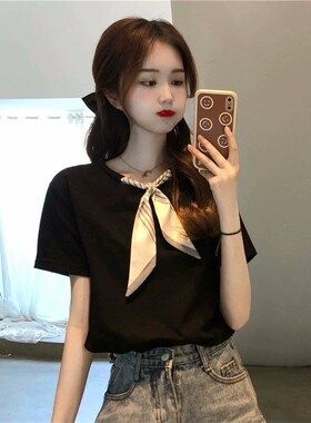 黑色显瘦纯棉短袖女丝带领结小众设计感夏季绑带t恤正肩宽松上衣