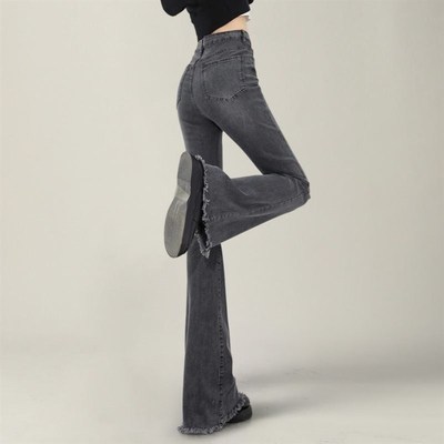 加长裤子女高个子烟灰色高腰牛仔喇叭裤春秋175毛边微喇裤秋季170