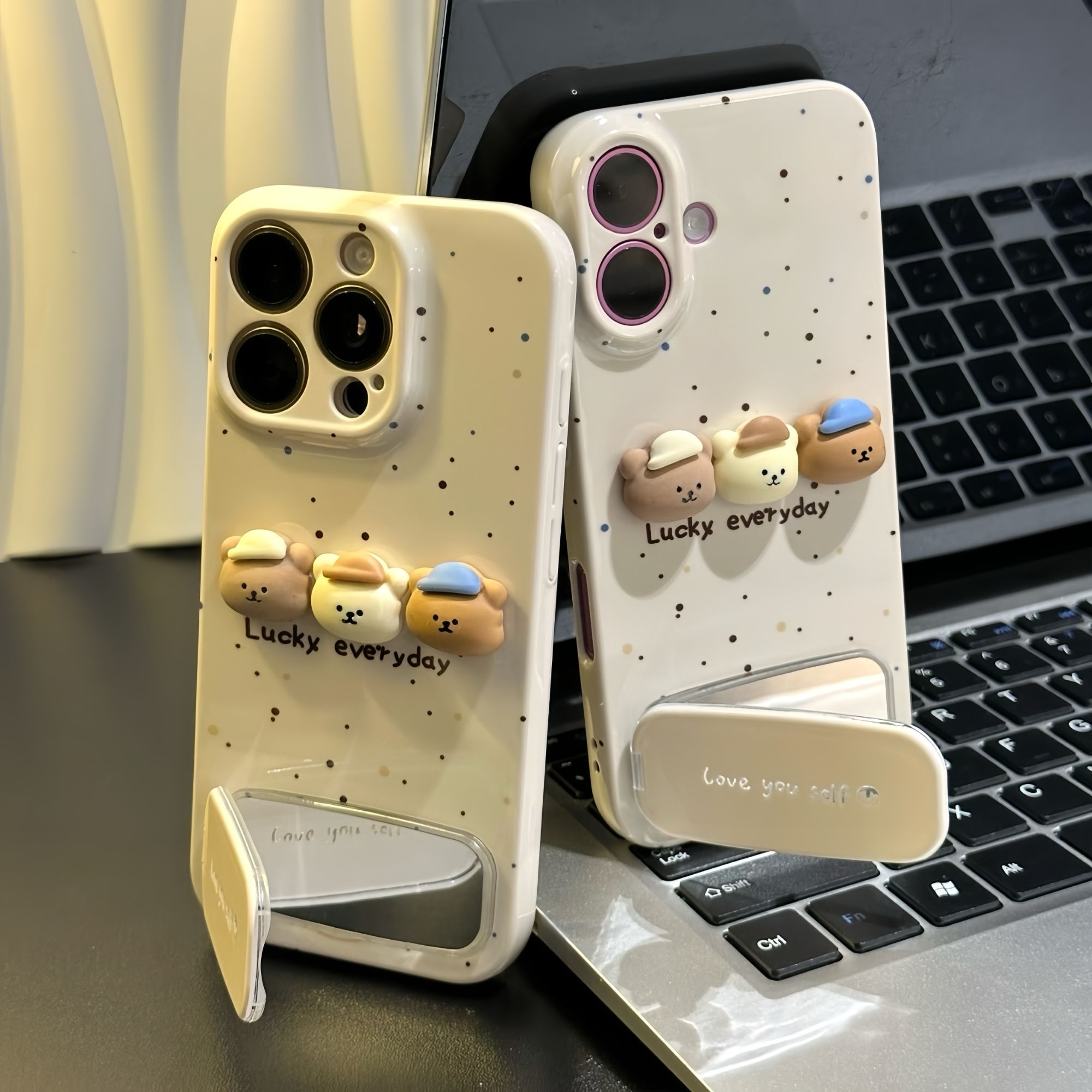 三只小熊镜子支架新款适用苹果16Pro手机壳iPhone15max小米14华为mate70pura80k60荣耀200x100nova12note13