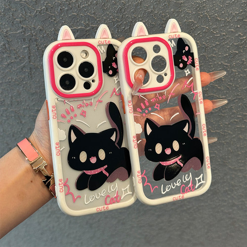 粉猫耳惊吓黑猫新款适用苹果16Pro手机壳iPhone15max小米14华为mate60p70k50nova11vivoiQOO13荣耀x100note12