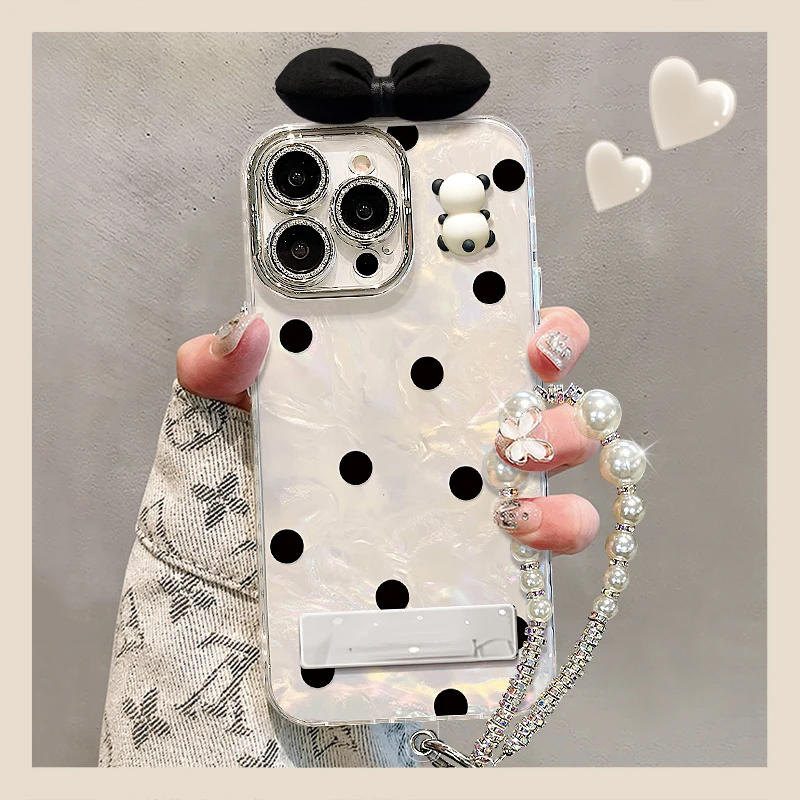 波点熊猫贝壳纹新款适用苹果16Promax手机壳iPhone14pro华为mate60Pura70带手链苹果15plus高级12pro保护套13