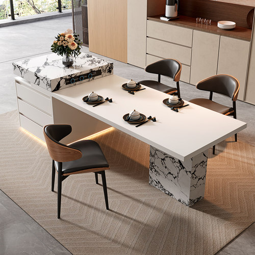 意式极简岩板岛台餐桌一体可伸缩