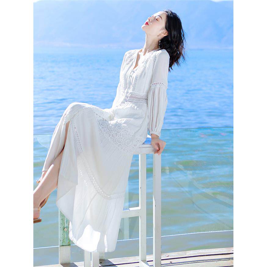 白色连衣裙气质仙女长裙云南青海湖沙漠草原旅游穿搭拍照沙滩裙子