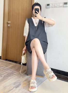 大码女今年流行灰色背带裙夏季女2024新款小个子减龄套装裙两件套