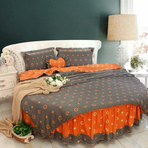新款深灰色橘色老花纯棉大气简约花型圆床被套圆床单圆床四件套2m