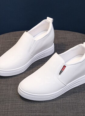 坡跟小白鞋厚底大码鞋内增高w6CM洞洞镂空乐福鞋白色护士鞋一脚蹬