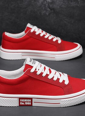 红色帆布鞋男2024新款夏季百搭透气防臭布鞋男款休闲运动平底板鞋