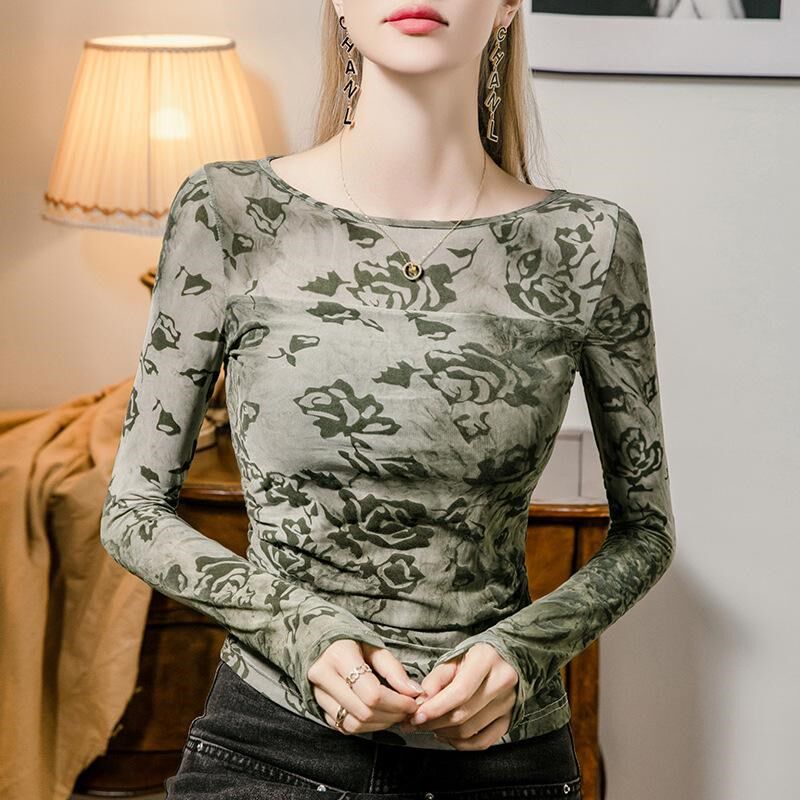 2025春装植绒印花网纱打底衫女长袖一字领洋气纱衣小衫时尚沙t恤