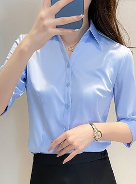 蓝色v领衬衫女夏季新款职业正装气质大学生面试工作服七分袖衬衣