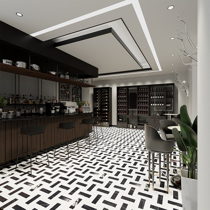800x800法式黑白亮光拼花瓷砖酒吧走廊酒店餐厅商业工装亮面地砖