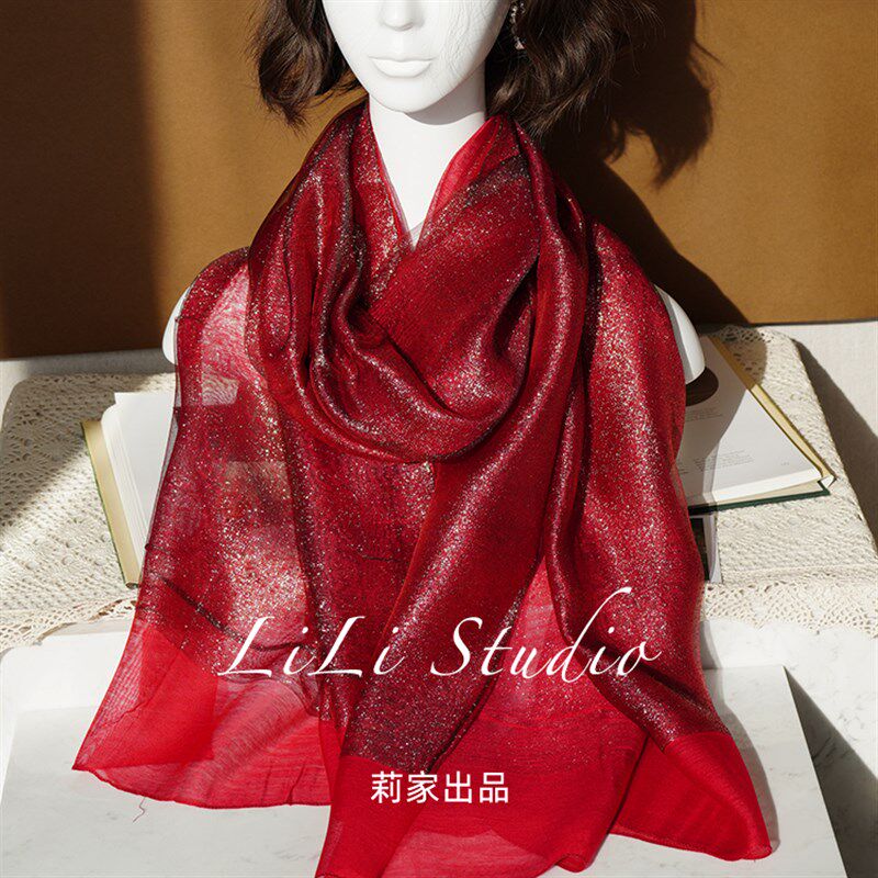 软纱柔软金丝围巾闪亮2024年秋冬保暖丝巾披肩韩版女长款双层披肩