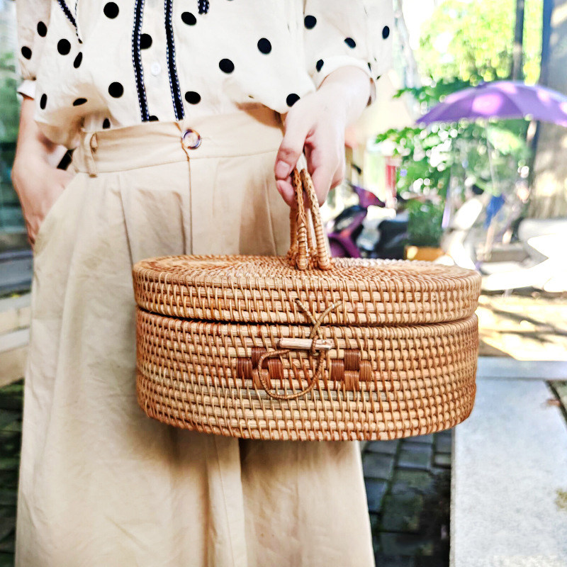 藤编手提箱普洱茶叶盒茶具收纳筐手提包干果盒糖果盒水果篮椭圆形