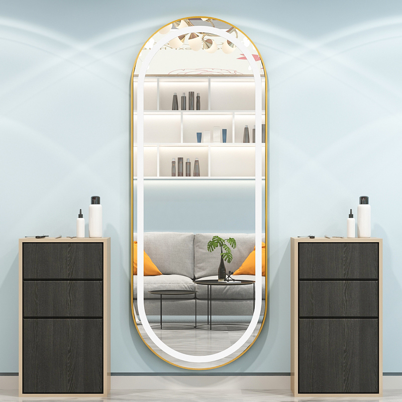 理发店网红镜子挂墙美发镜台单面带灯镜LED壁挂式发廊专用烫染镜