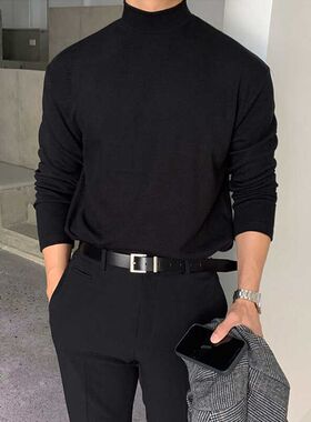 韩版黑色内搭半高领打底衫男秋冬季保暖德绒中领秋衣宽松长袖T恤