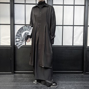 山本暗黑风中长款休闲长袖衬衫男小众飘带设计感下摆开衩过膝衬衣