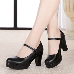 圆头浅口女鞋粗跟走步q演出鞋高跟走秀模特鞋防水台职业皮鞋女单