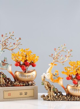 新中式发财树摇钱树一鹿发财摆件客厅前台酒柜装饰品乔迁开业礼物