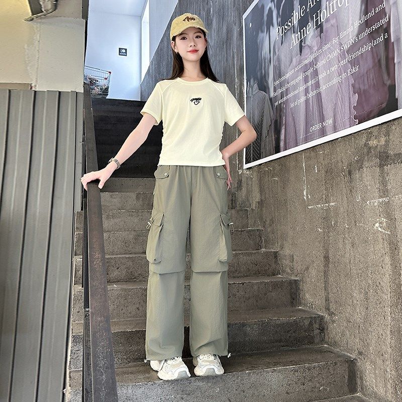 女大童夏装套装2025新款儿童洋气少女学生时髦酷飒风工装裤两件套