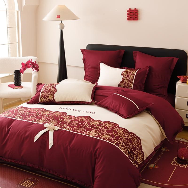 浪漫婚庆100支澳棉全棉四件套红色纯棉结婚刺绣被套床单床上用品4