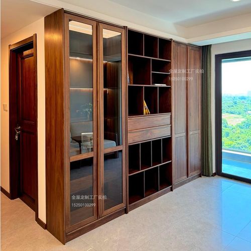 全屋定制书柜北美黑胡桃书房一体整墙实木展示柜原木源头工厂定做