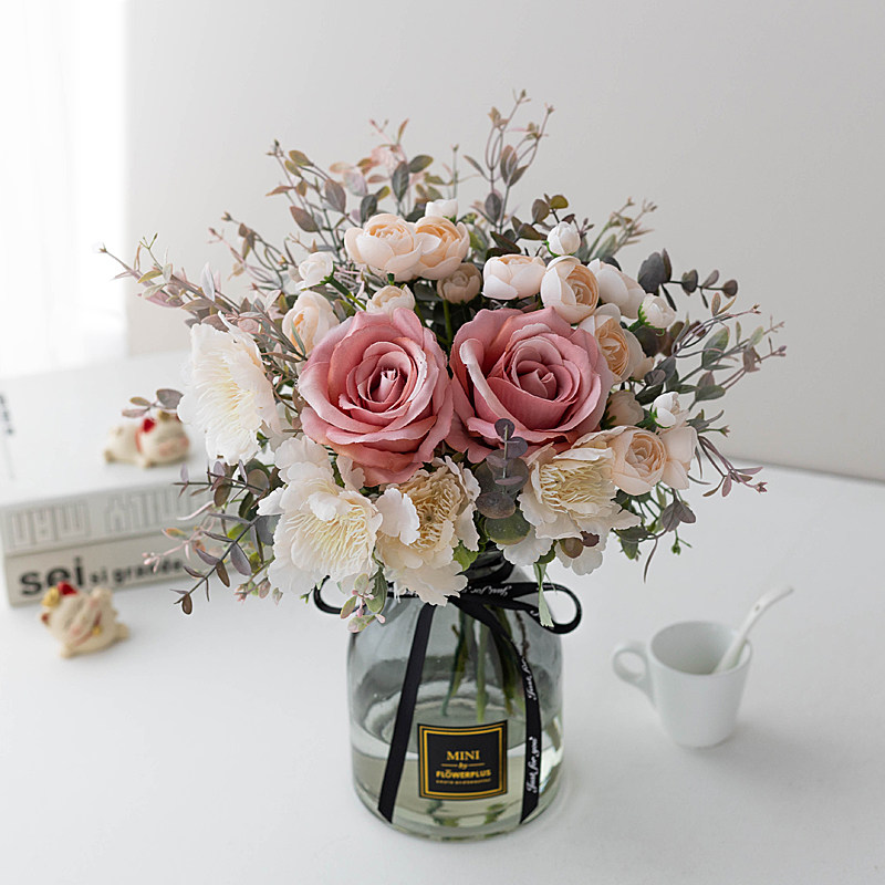 欧版式假绢花仿真豆沙色玫瑰花艺束客厅装饰摆放件餐桌花瓶套装,家居饰品,仿真花/假花,淘宝优惠券,粉丝福利购,淘宝优惠卷