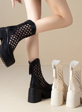 白色超高跟10CM马丁靴女夏季薄款透气镂空短靴2025新款厚底凉靴子