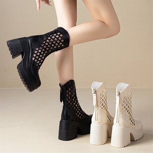白色超高跟10CM马丁靴女夏季薄款透气镂空短靴2025新款厚底凉靴子