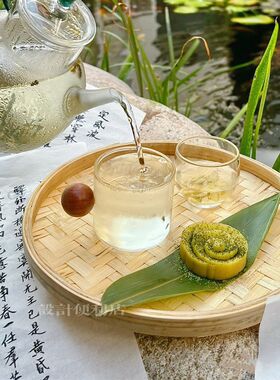国风茶馆甜品茶点托盘竹子竹编盘底座古风竹筒茶盘竹杯套装鲜竹叶