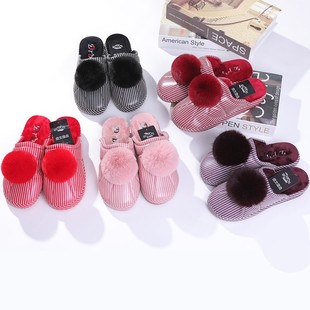 棉拖鞋女家居防滑秋冬季保暖室内可爱外穿厚底毛球新款坡跟PU皮面