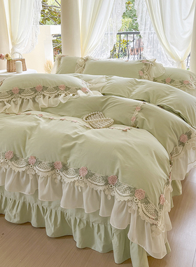 韩式绿色水洗全棉床上四件套100公主风蕾丝花边被套床单少女4