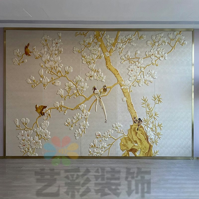 硬包背景墙定制新中式花鸟卧室床头刺绣墙布壁画客厅沙发电视酒店