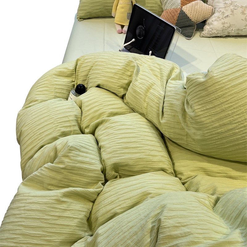 ins韩式泡泡纱清新绿色床上四件套全棉纯棉文艺1.5米被套床单少女