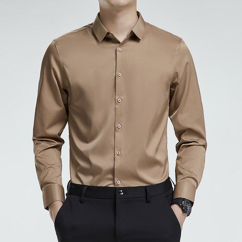 长袖衬衫男春秋季双丝光免烫抗皱衬衣2024高级感纯色休闲正装寸衫